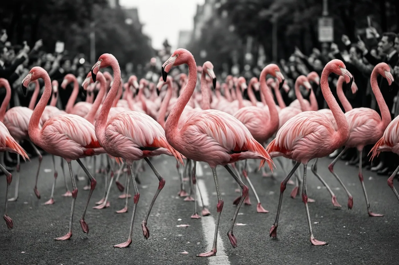 Een grote groep roze flamingo’s marcheert in formatie door een stadsstraat met toeschouwers op de achtergrond, waarbij alleen de vogels kleur hebben in het verder zwart-witte beeld.