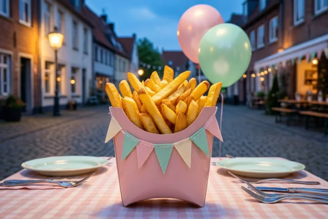 Een roze papieren bakje met goudgele frieten staat op een geruit tafelkleed tussen borden en bestek, met pastelvlaggetjes, ballonnen en warme straatlampen op een gekasseid dorpsplein bij schemering.