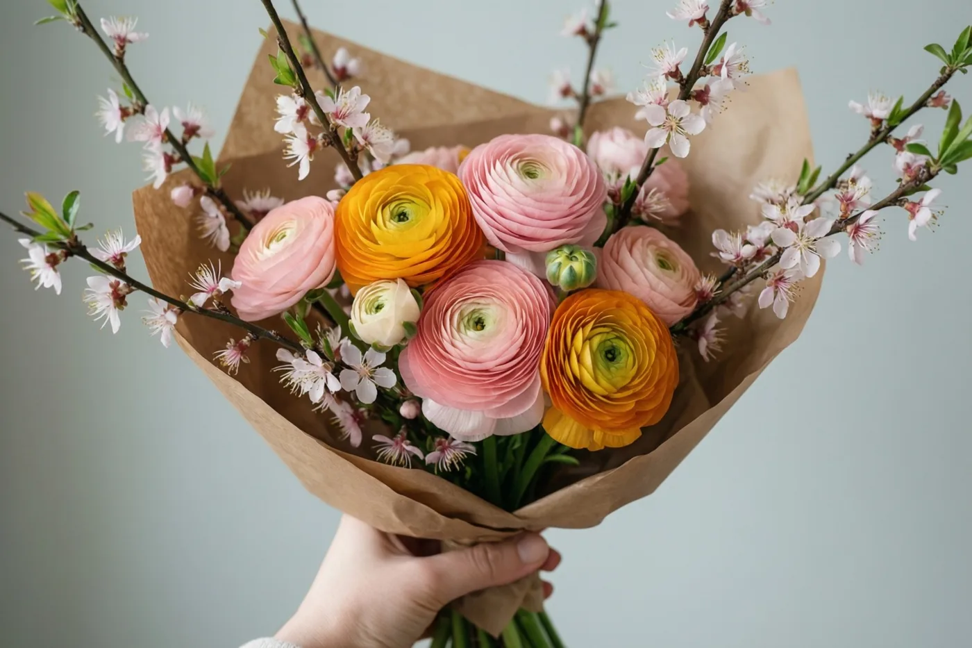 Een hand houdt een boeket roze en gele ranonkels met roze bloesemtakken in bruin papier tegen een effen lichtgrijze achtergrond.