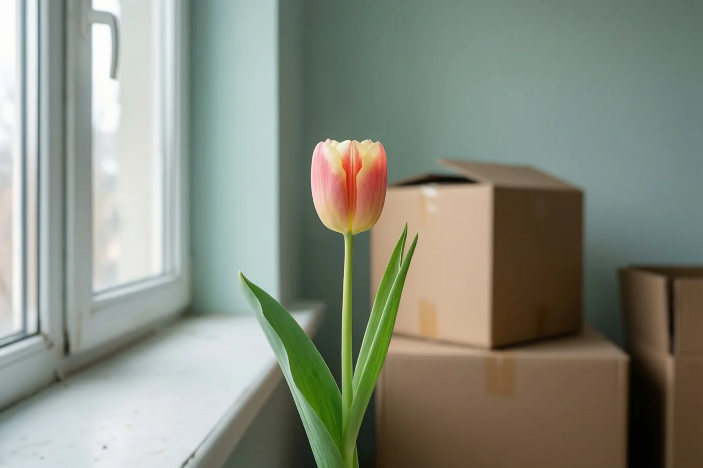Een roze-gele tulp bloeit op een witte vensterbank in een lichtblauwe kamer, met onscherpe verhuisdozen op de achtergrond en daglicht door het raam.