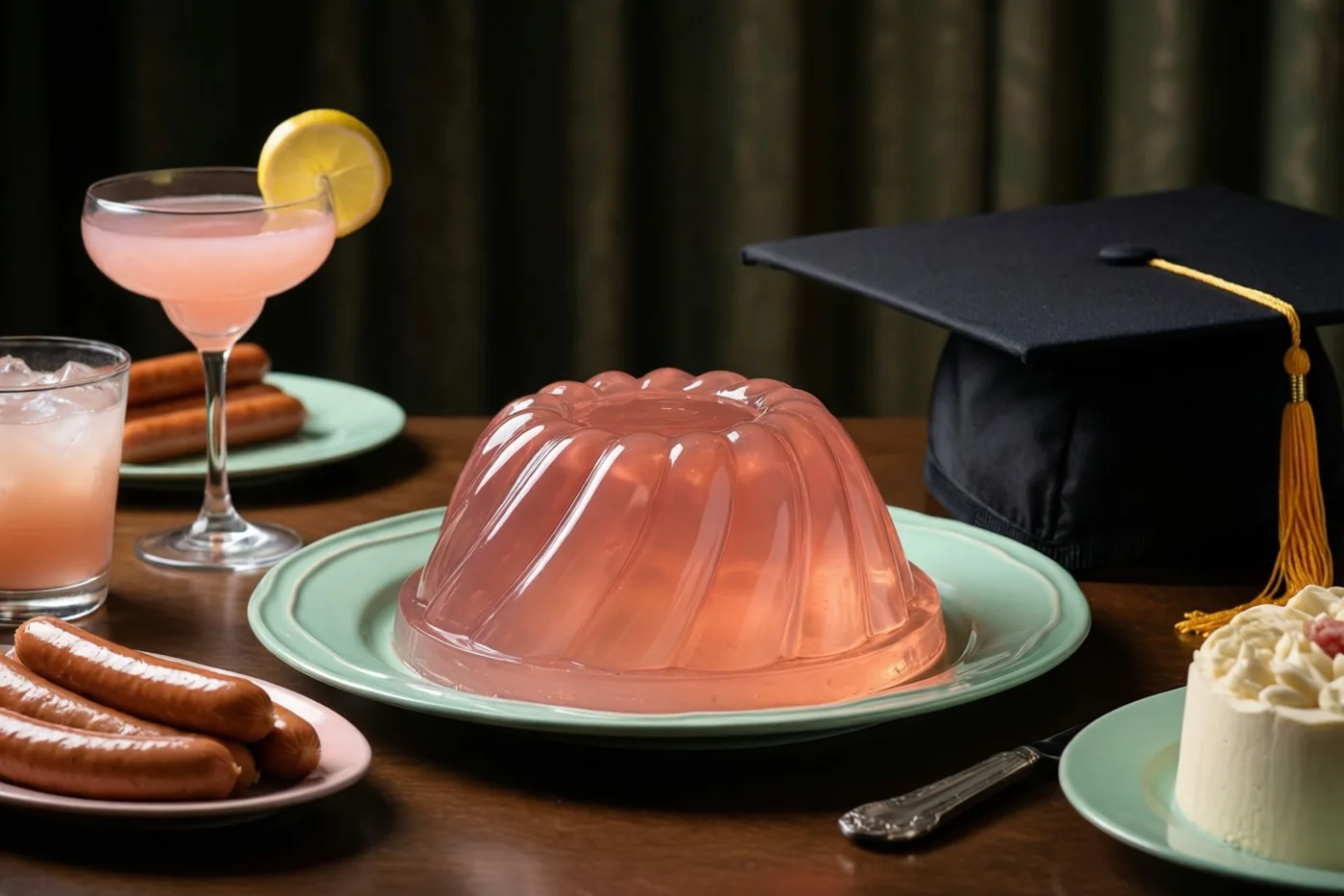Een feesttafel in jarenzestigstijl is gedekt met een roze geleipudding, cocktailworstjes, drankjes en een afstudeerhoed voor een donker gordijn.