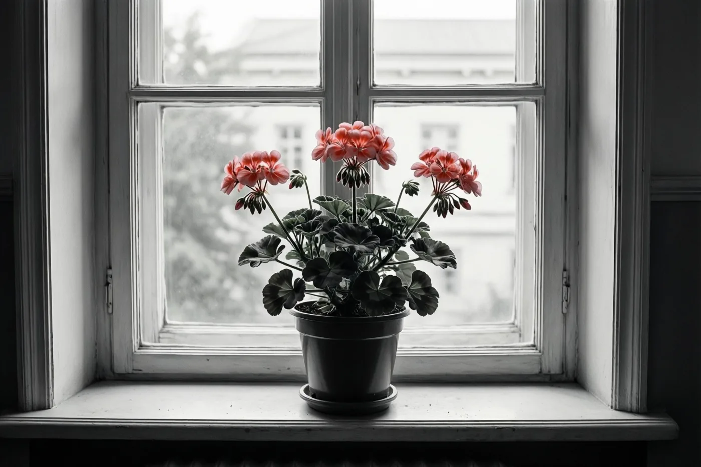 Een geranium met roze bloemen staat op een vensterbank onder een hoog raam met meerdere ruiten, waarbij alleen de bloemen kleur hebben in het zwart-witte beeld.