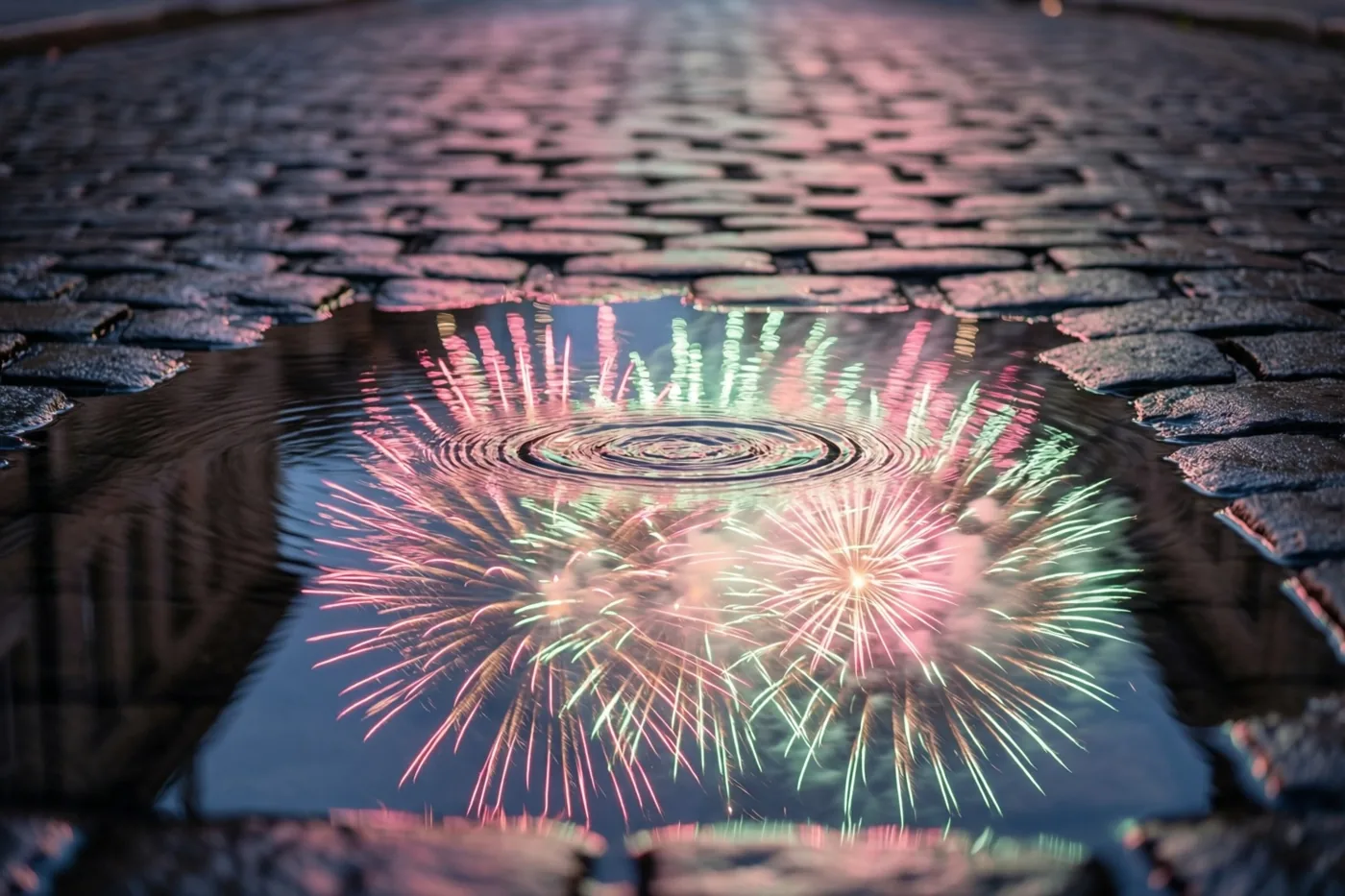 Roze en groen vuurwerk weerspiegelt in een plas op donkere kasseien, waarbij rimpels de lichtpatronen vervormen.