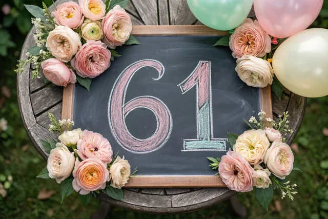 Een krijtbord met 61 in roze en groen krijt staat op een houten tuintafel tussen roze en crèmekleurige bloemen en ballonnen.