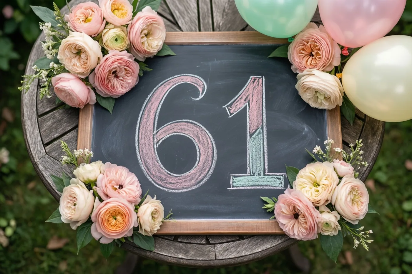 Een krijtbord met 61 in roze en groen krijt staat op een houten tuintafel tussen roze en crèmekleurige bloemen en ballonnen.
