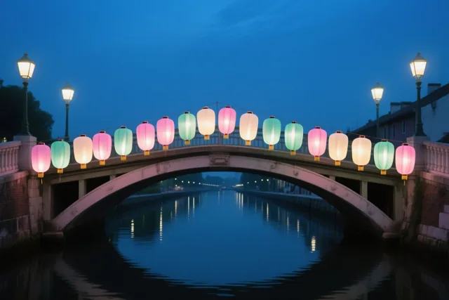 Een brug over een rustig kanaal is versierd met roze en groene lantaarns, met straatverlichting onder een diepblauwe schemerlucht.