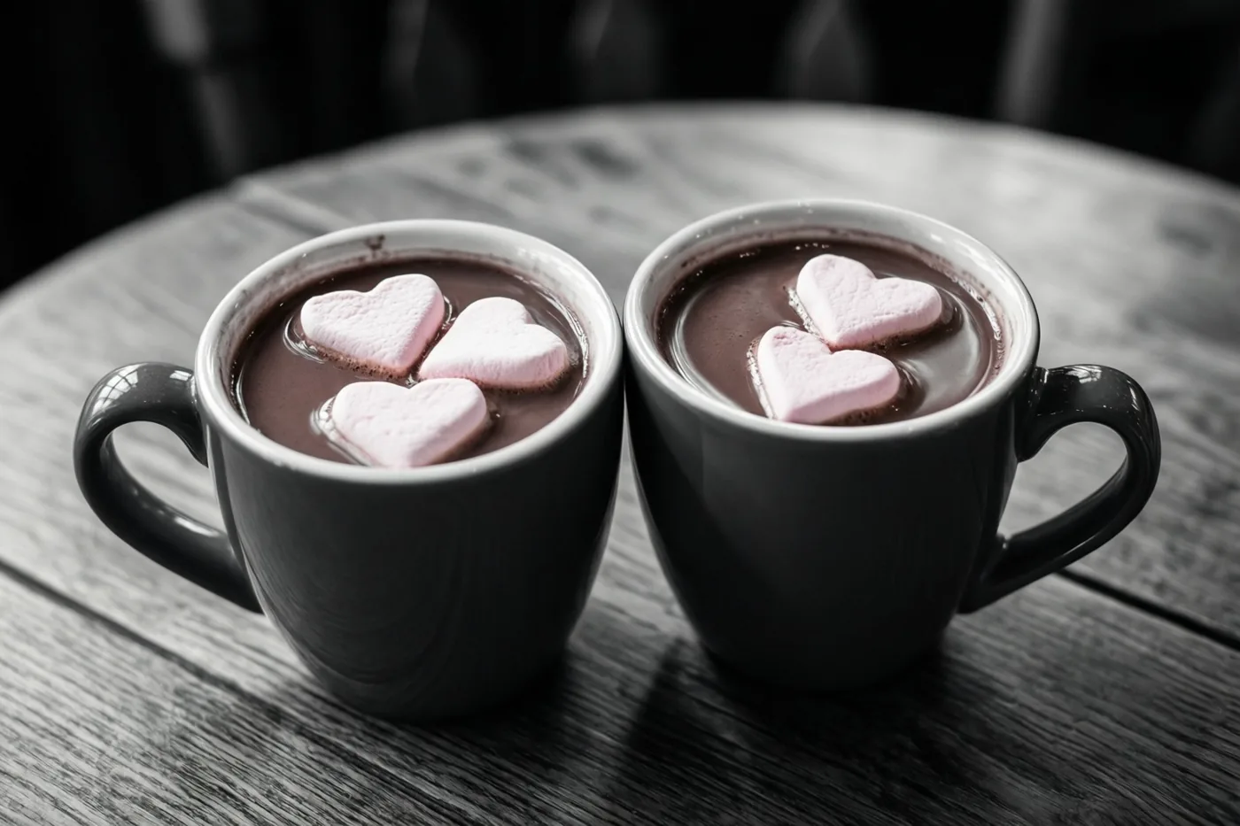 Twee donkere mokken warme chocolademelk met roze hartvormige marshmallows staan dicht bij elkaar op een houten tafel, waarbij alleen de roze hartjes kleur hebben in het zwart-witbeeld.
