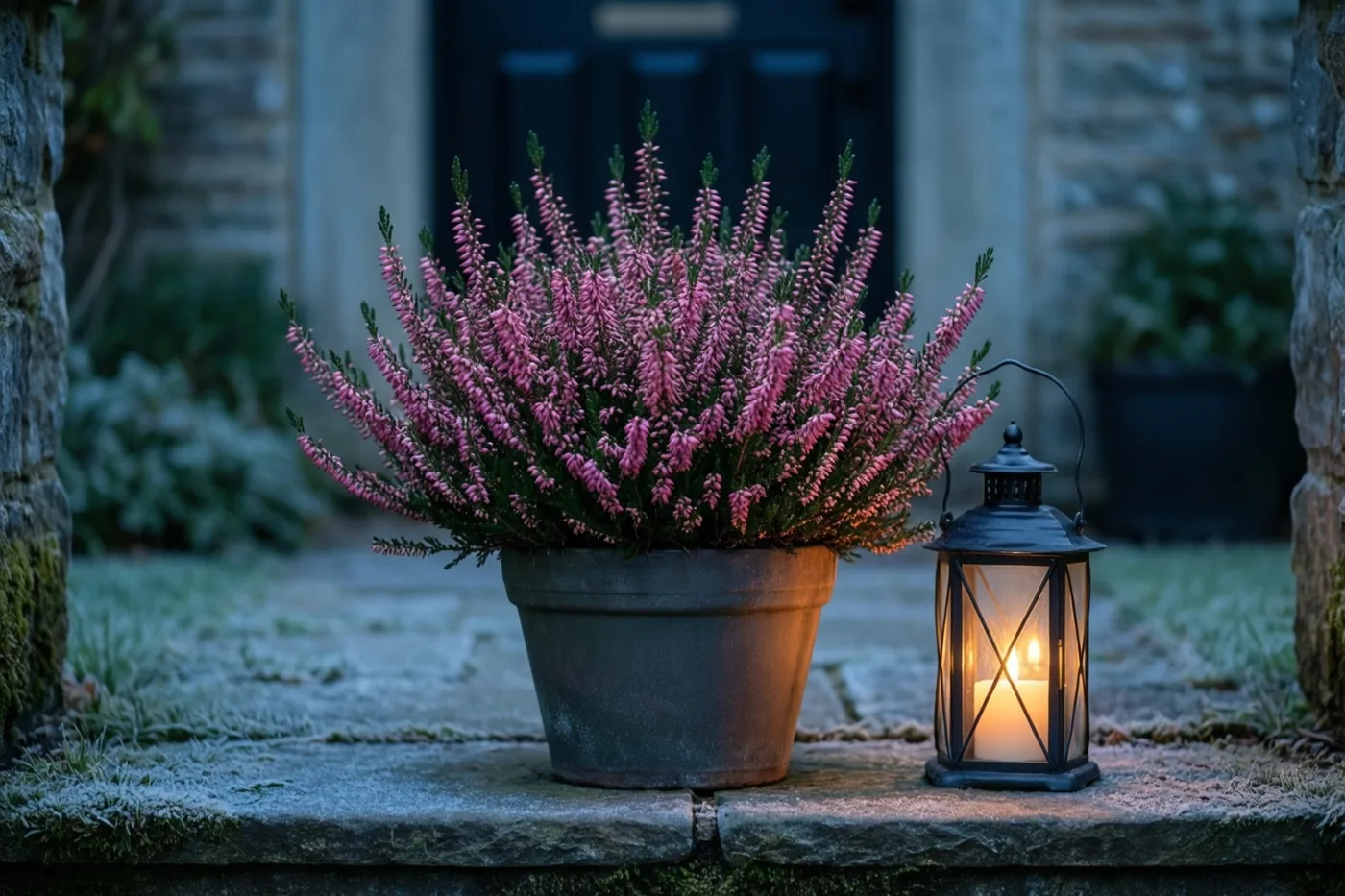 Een pot bloeiende roze heide staat naast een brandende kaarslantaarn op een berijpte stenen drempel in blauwachtig schemerlicht en gedempte aardetinten.