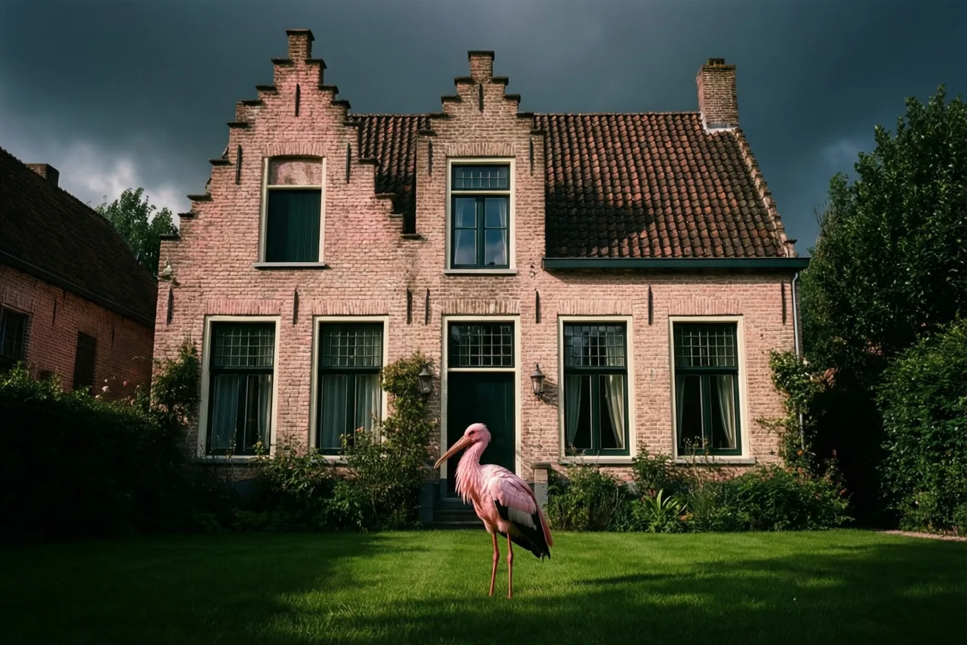 Een roze houten ooievaar staat op een groen gazon voor een bakstenen fermette met een pannendak en donkere ramen onder een zwaarbewolkte hemel.