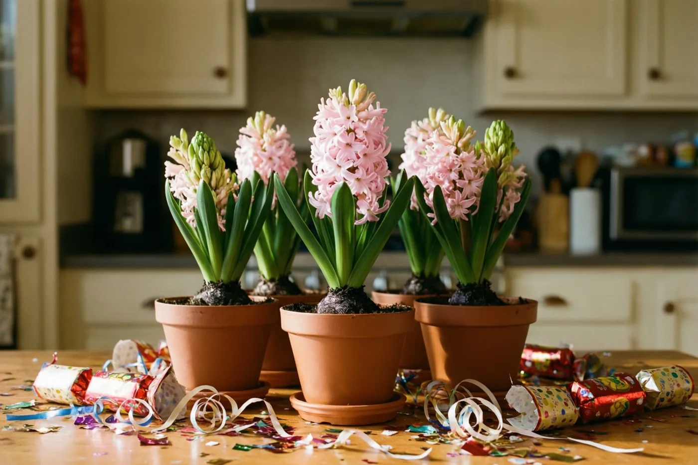 Lichtroze hyacinten in terracotta potten staan op een houten keukentafel tussen serpentines en opengetrokken knalbonbons, met crèmekleurige kasten op de achtergrond.