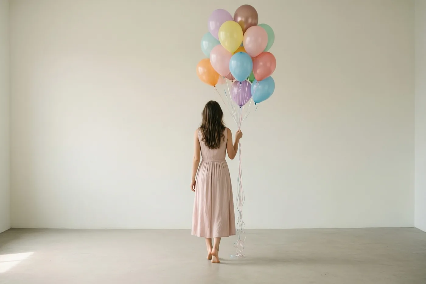 Een persoon in een roze jurk staat met de rug naar de camera en een grote tros pastelkleurige ballonnen in een sobere witte kamer.