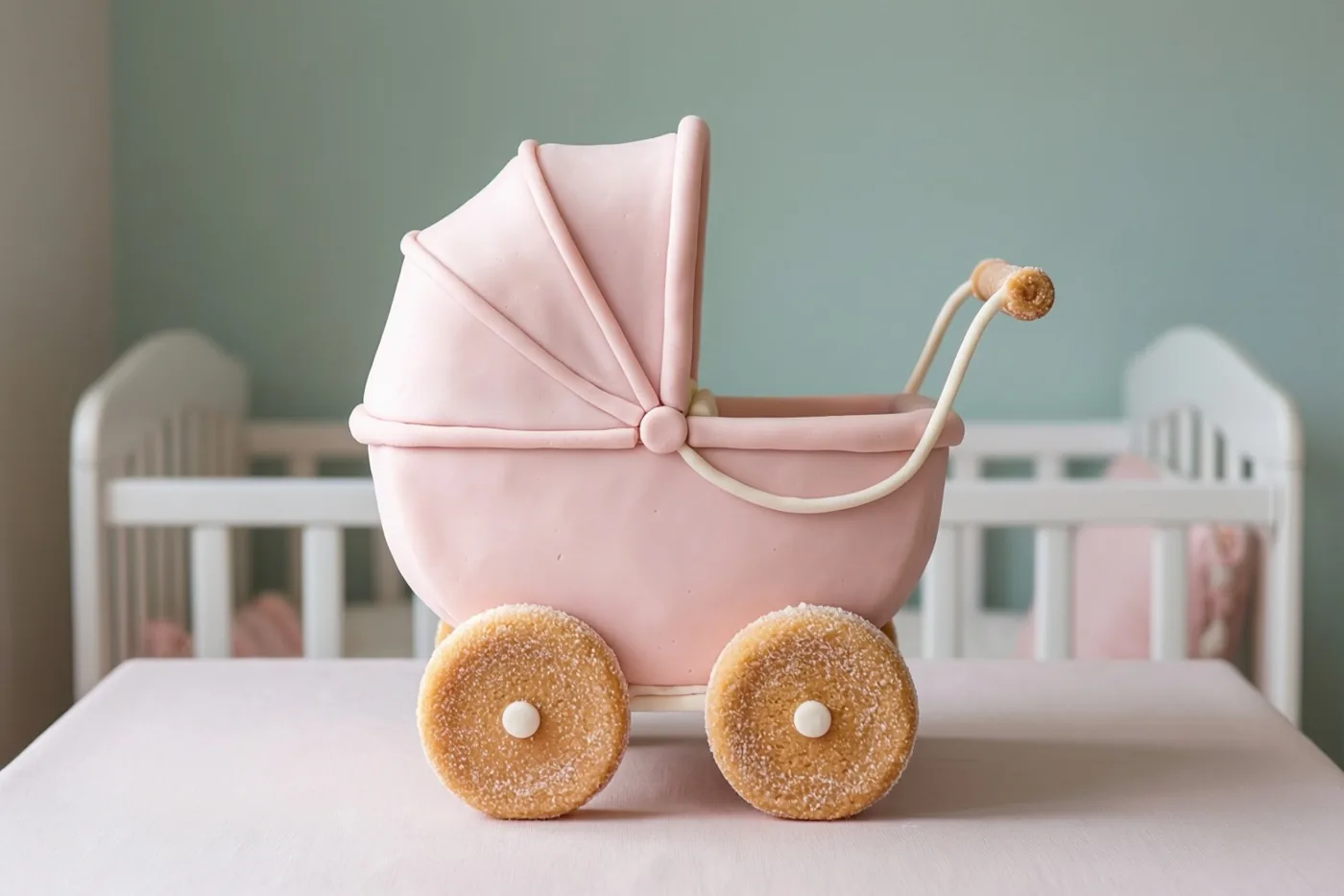 Een taart in de vorm van een kinderwagen met lichtroze fondant en wielen met een suikerlaag staat op een tafel in een babykamer met een wit babybedje en een gedempt groene muur.