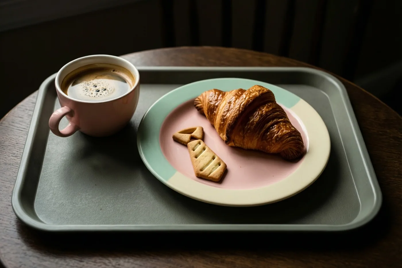 Op een ontbijtplateau op een donkere houten tafel staan een roze kop koffie, een goudbruine croissant en een daskoekje op een pastelkleurig bord.