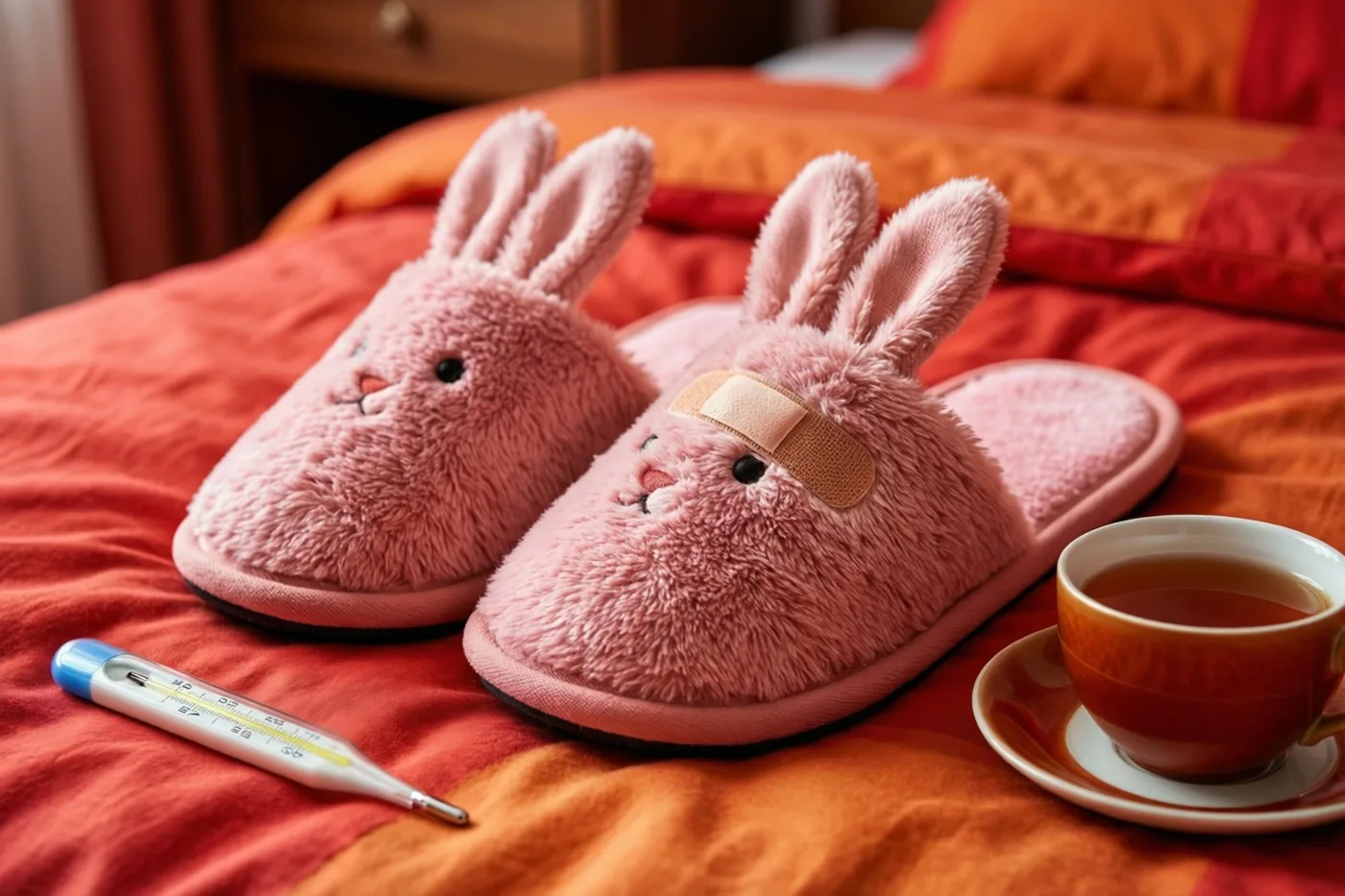 Twee roze, pluizige konijnenpantoffels liggen op oranje en rood beddengoed, één met een pleister op het gezicht, naast een thermometer en een kop thee op een schoteltje.