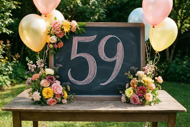 Een krijtbord met 59 in roze krijt staat op een houten tuintafel tussen bloemstukken en pastelballonnen in een zonnige groene tuin.