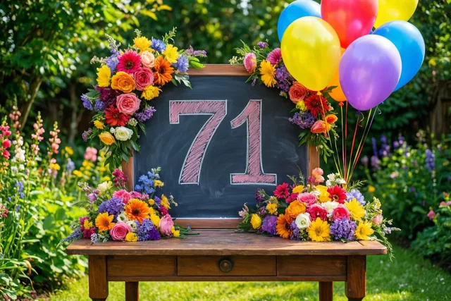 Een krijtbord met 71 in roze krijt staat op een houten tuintafel tussen kleurrijke bloemen en ballonnen in een zonnige, groene tuin.