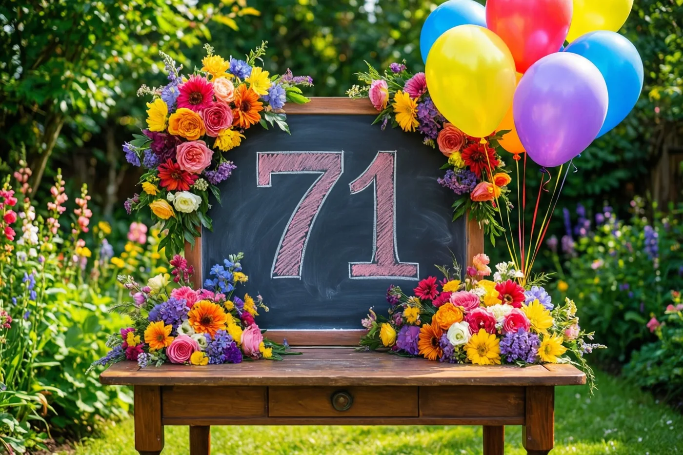 Een krijtbord met 71 in roze krijt staat op een houten tuintafel tussen kleurrijke bloemen en ballonnen in een zonnige, groene tuin.