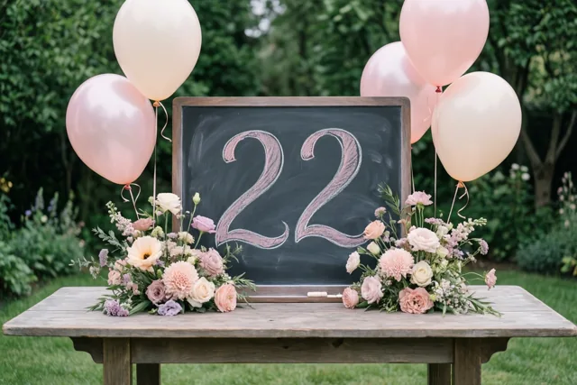 Een krijtbord met 22 in roze krijt staat op een houten tuintafel tussen bloemstukken en roze en crèmekleurige ballonnen in een groene tuin.