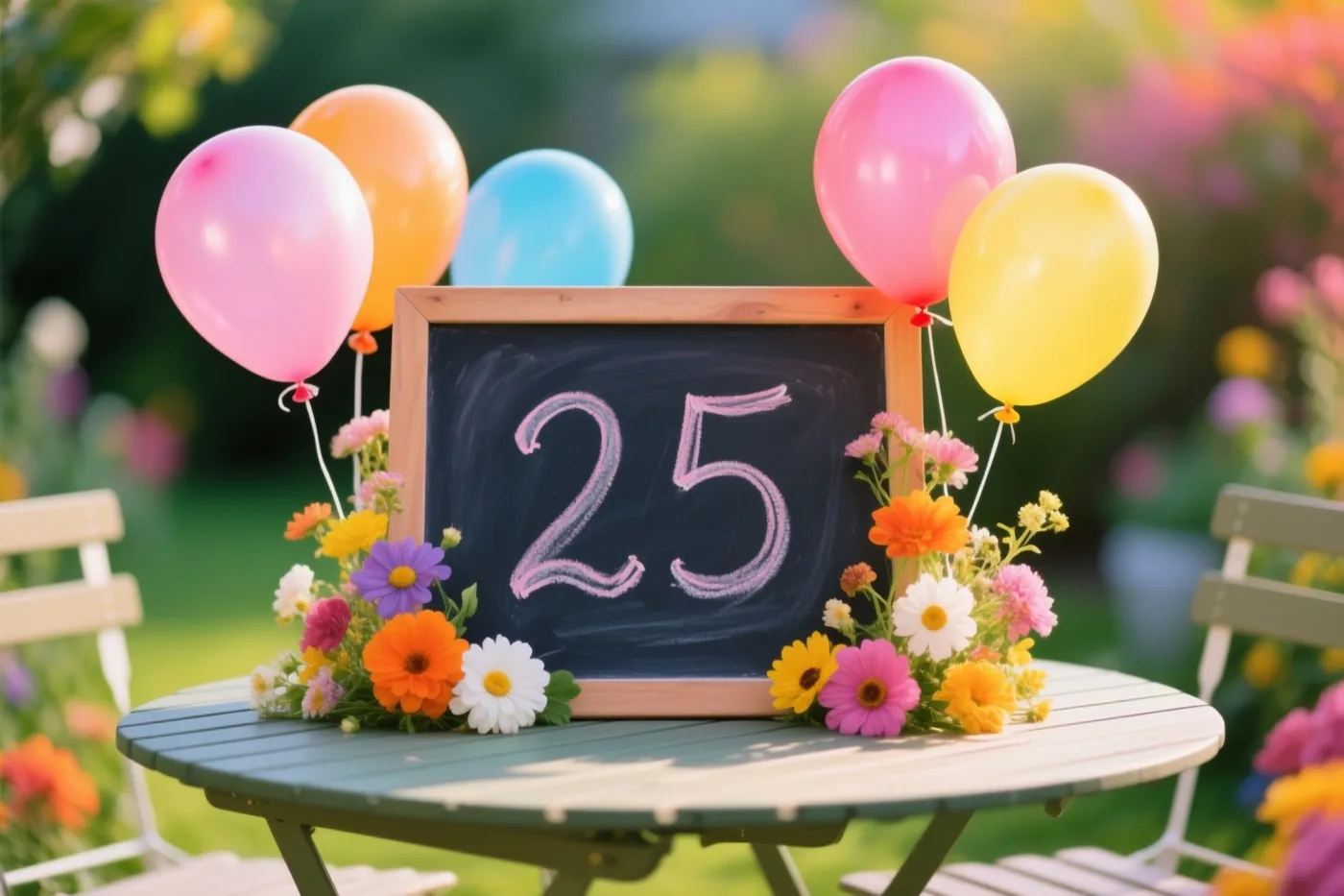 Een krijtbord met 25 in roze krijt staat op een tuintafel tussen kleurrijke ballonnen en een bloemstuk in een zonnige tuin met een onscherpe achtergrond.