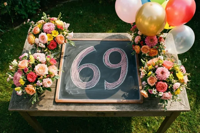 Een krijtbord met 69 in roze krijt staat op een houten tuintafel tussen kleurrijke bloemstukken en ballonnen, buiten op groen gras in het zonlicht.