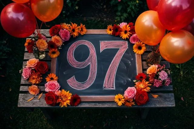 Een krijtbord met 97 in roze krijt staat op een houten tuintafel tussen rode, oranje en roze bloemen en ballonnen, op een groen gazon.