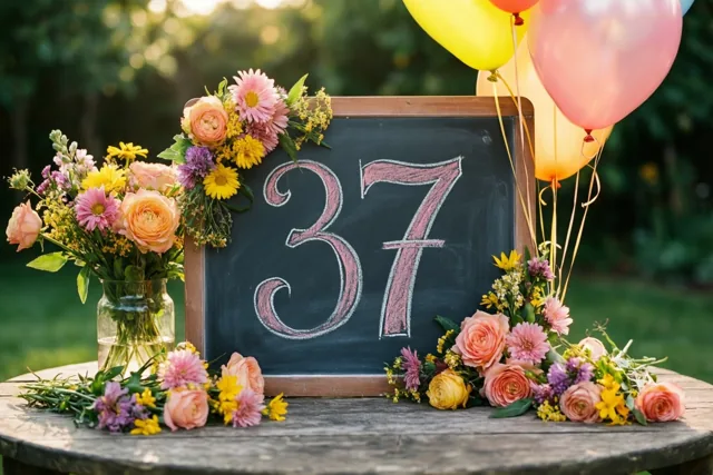 Een krijtbord met 37 in roze krijt staat op een houten tuintafel tussen kleurrijke bloemen en ballonnen in zacht warm licht.