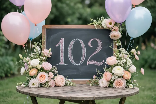 Een krijtbord met 102 in roze krijt staat op een houten tuintafel tussen bloemstukken en pastelkleurige ballonnen.