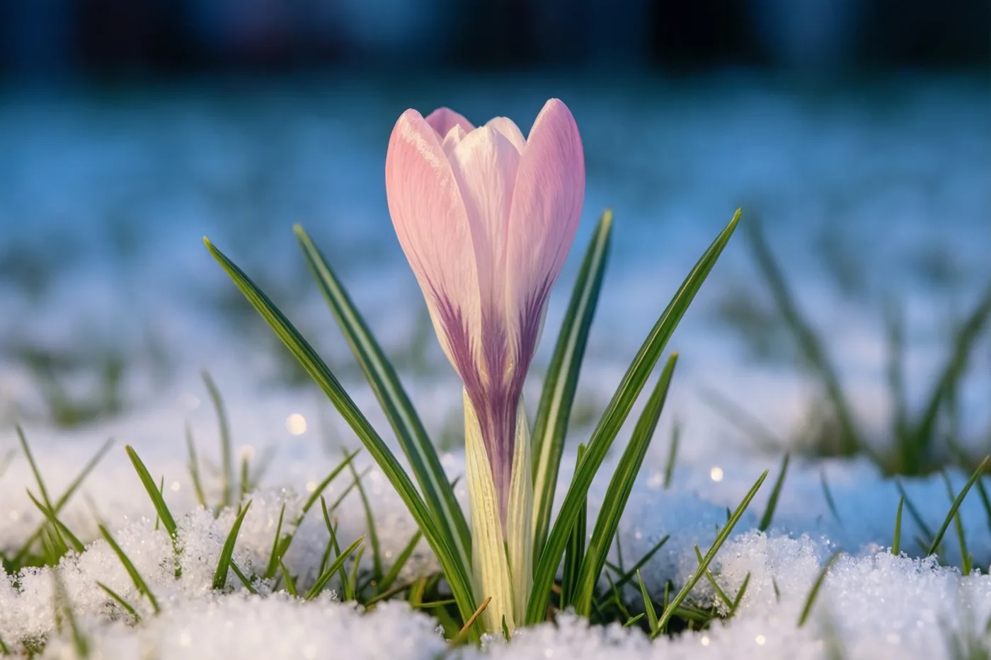 Een enkele roze krokus komt uit besneeuwd gras tevoorschijn tegen een zachtblauwe achtergrond.