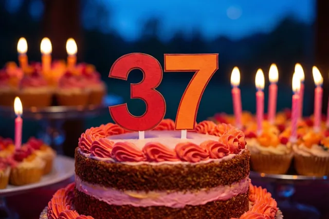 Een taart met meerdere lagen, roze glazuur en een papieren versiering met 37 staat tussen brandende kaarsen en cupcakes op een buffet bij schemering onder een blauwe hemel.