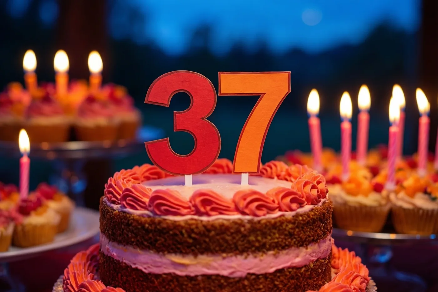 Een taart met meerdere lagen, roze glazuur en een papieren versiering met 37 staat tussen brandende kaarsen en cupcakes op een buffet bij schemering onder een blauwe hemel.