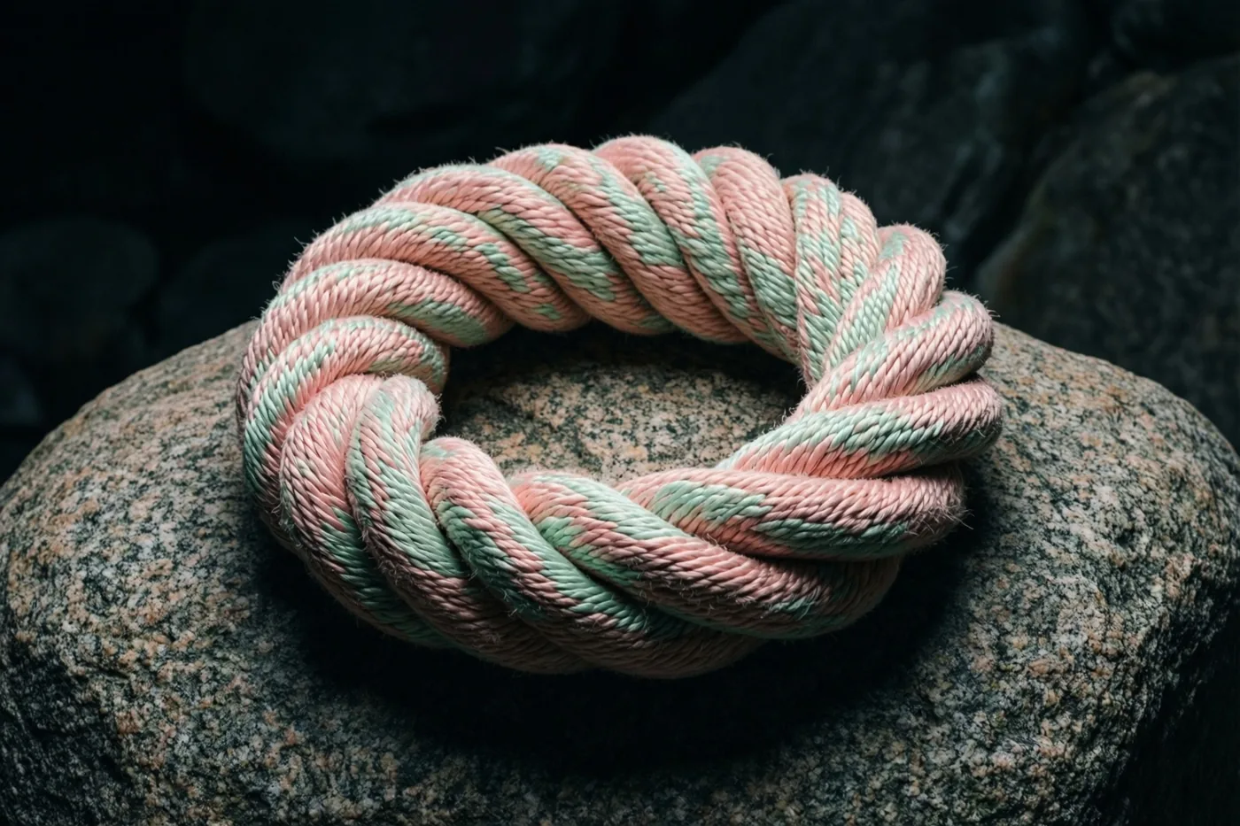 Een dik gevlochten klimtouw met roze en mintgroene strepen ligt in een cirkel op een ruwe granieten rots tegen een donkere, onscherpe achtergrond.