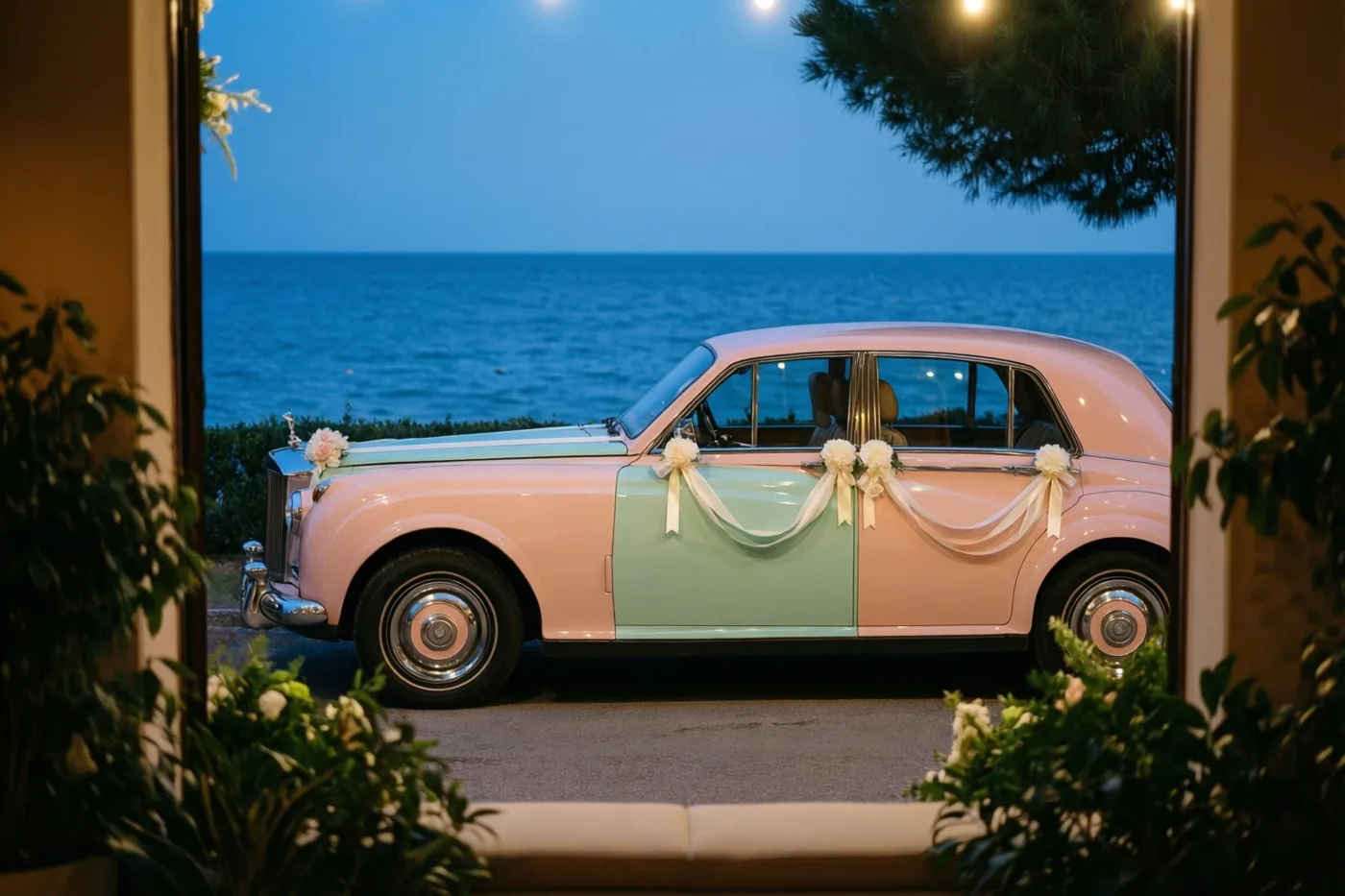 Door een raam met groen op de voorgrond is een roze en mintgroene oldtimer met witte linten en bloemen te zien aan zee, met kalm blauw water en een schemerlucht erachter.