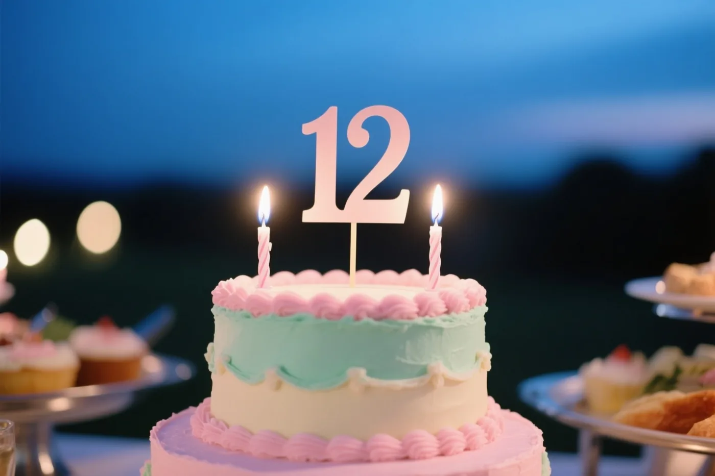 Een taart met meerdere lagen roze en mintgroen glazuur draagt een grote papieren versiering met 12 en twee brandende kaarsen, met een onscherp buffet en lichtjes in de schemering.