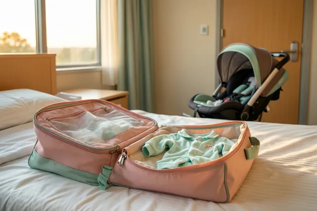Een open roze en mintgroene ziekenhuistas met een klein mintgroen babypakje staat op een bed, met een autostoeltje bij de deur van een zacht verlichte slaapkamer.