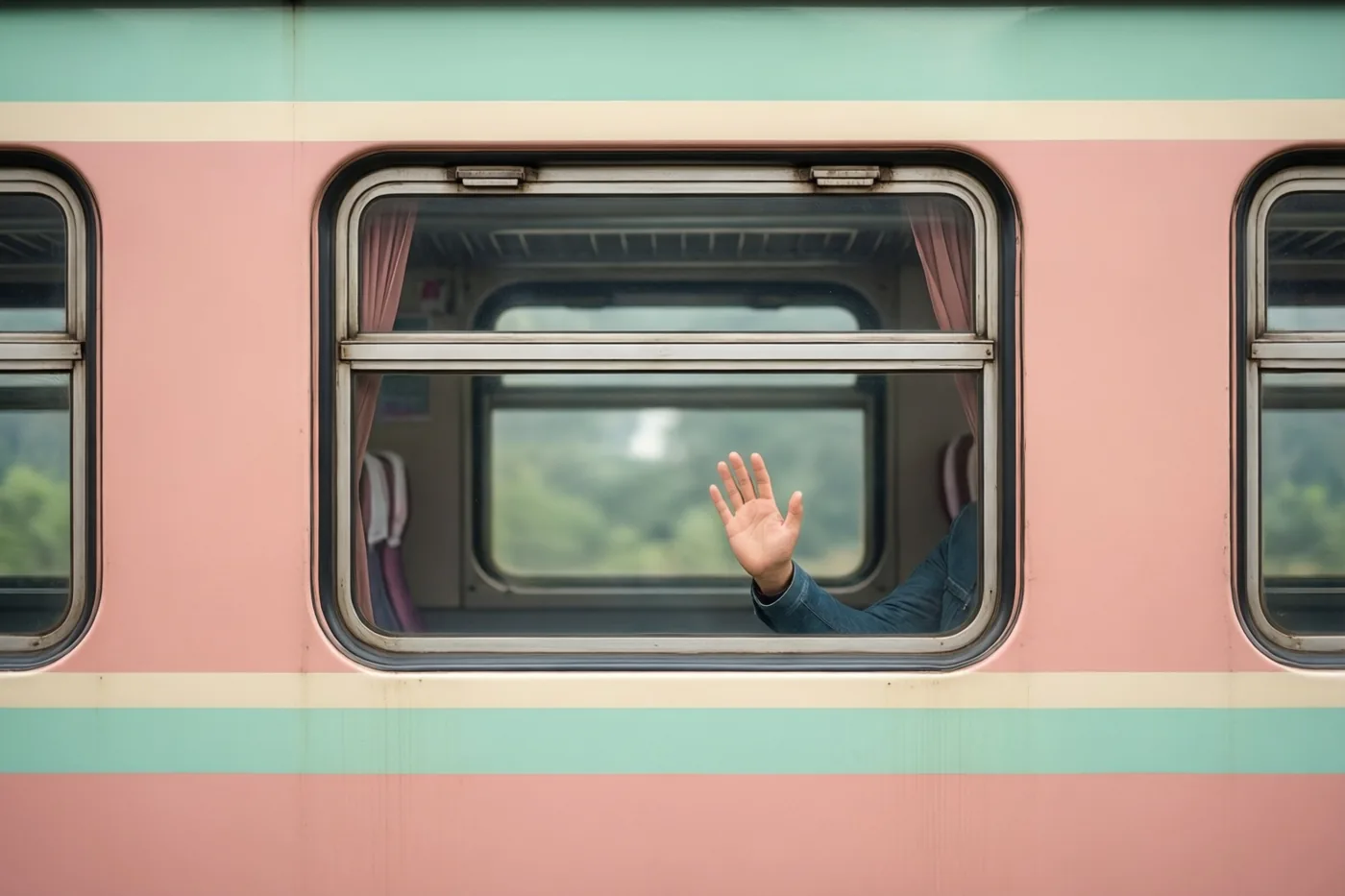 Een hand zwaait uit het raam van een vertrekkende retrotrein in roze en mintgroen.