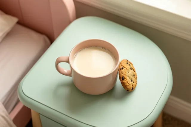 Een roze mok melk en een chocoladekoekje staan op een mintgroen nachtkastje naast een roze bed in zacht ochtendlicht.