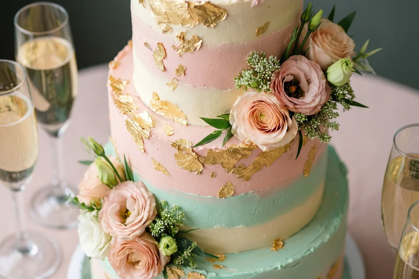 Een taart met meerdere verdiepingen, roze en muntgroen glazuur, bladgoud en roze en witte bloemen staat naast champagneglazen op een lichtroze tafelkleed.