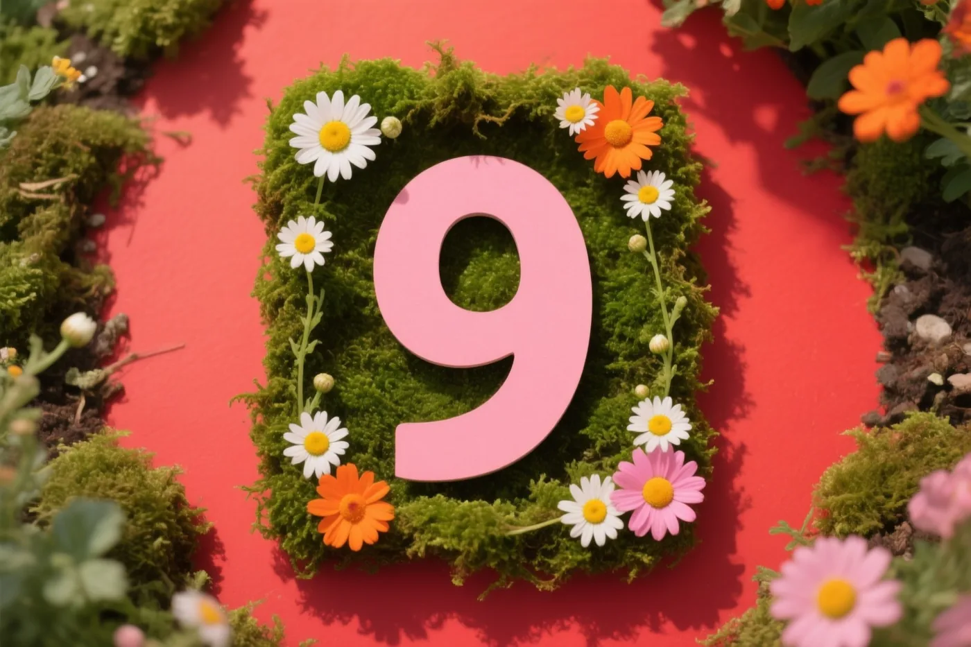 Een uitgesneden roze 9 staat centraal op een vierkant kader van groen mos met witte, oranje en roze madeliefjes tegen een felrode achtergrond.