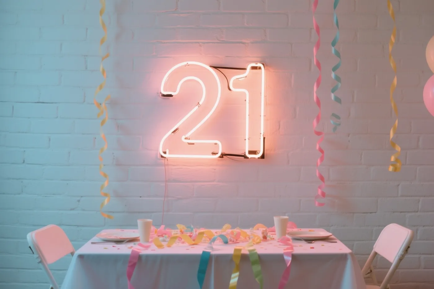 Een neonlicht met 21 in warm roze hangt aan een witte bakstenen muur boven een tafel met een wit kleed, kleurrijke slingers en confetti.
