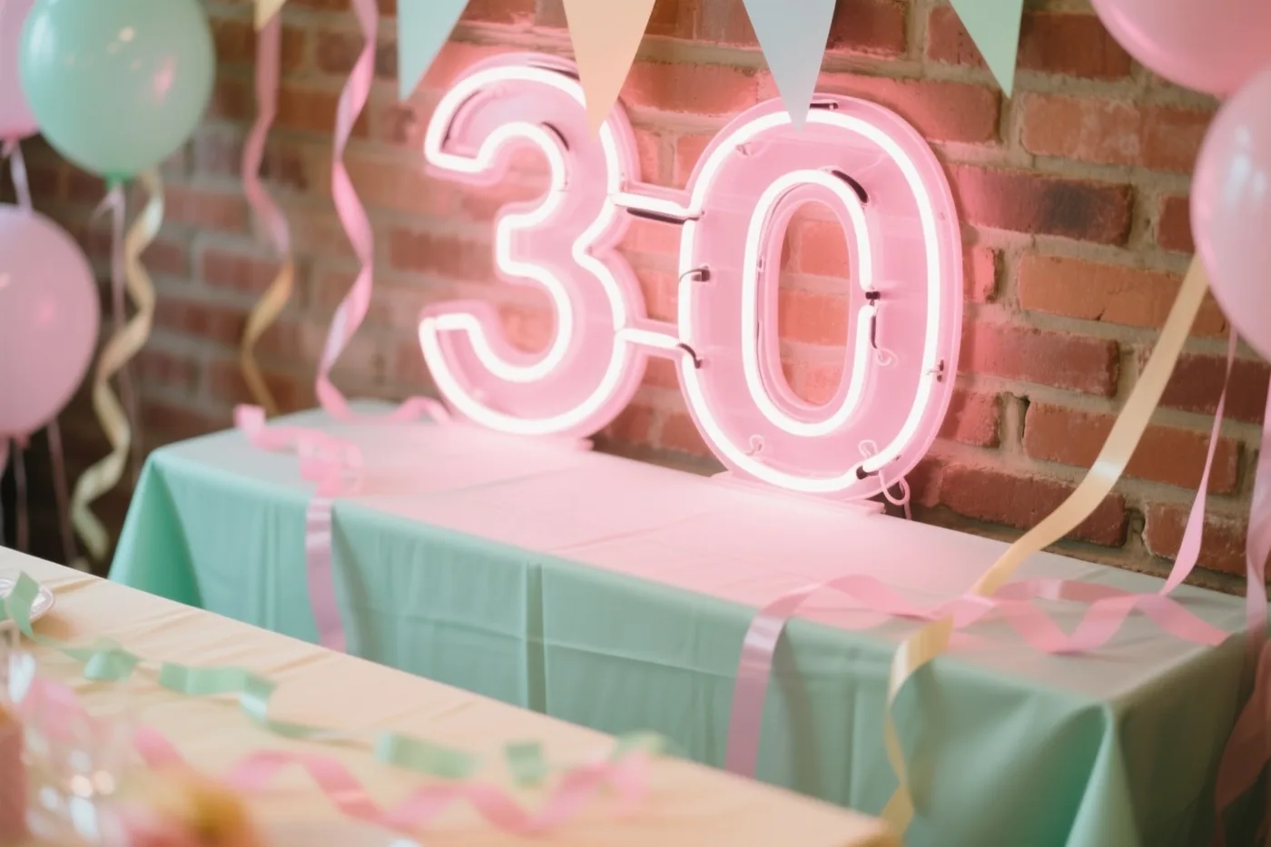 Een roze neongetal 30 hangt aan een bakstenen muur boven een tafel met een muntgroen kleed, tussen roze en muntgroene serpentines en ballonnen.