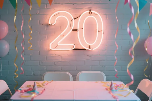 Een neonbord met 20 in warmroze licht hangt aan een witte bakstenen muur boven een feesttafel, met kleurrijke slingers en ballonnen errond.