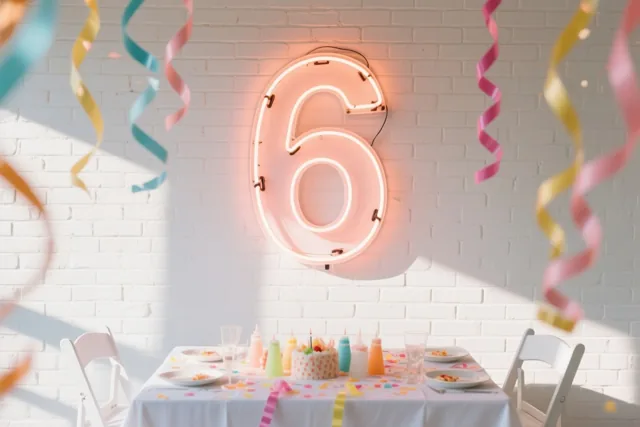 Een roze neonlicht in de vorm van het cijfer 6 hangt aan een witte bakstenen muur boven een versierde feesttafel met kleurrijke slingers en confetti.