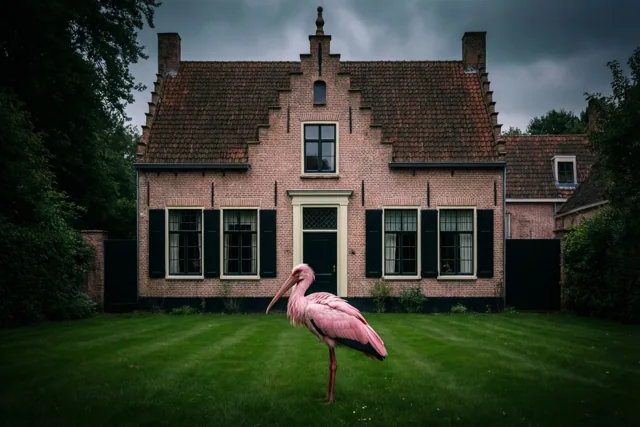 Een roze ooievaar staat op een netjes gemaaid groen gazon voor een bakstenen fermette met een donker pannendak en zwarte luiken onder een bewolkte hemel.