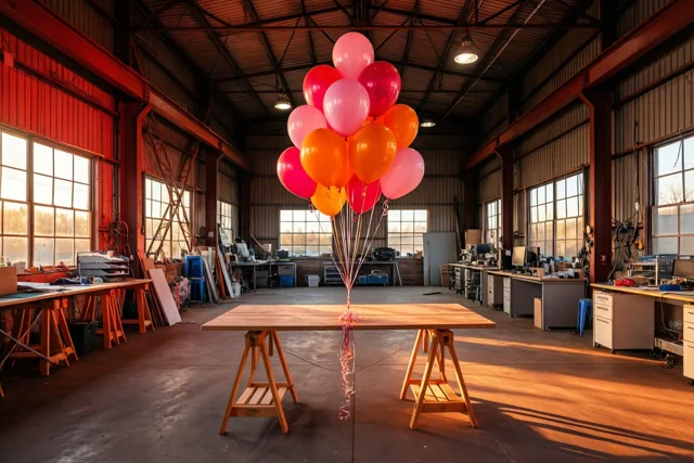 Roze en oranje ballonnen zijn vastgemaakt aan een houten tafel in een ruime werkplek in een gerenoveerde loods met gouden zonlicht door grote ramen.