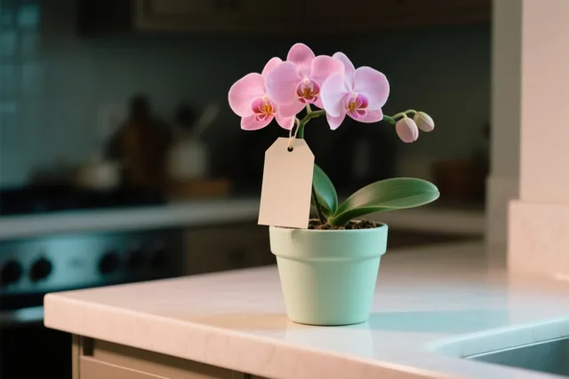 Een roze orchidee in een pot met een blanco papieren kaartje staat op een licht keukenwerkblad, met zachte pasteltinten en een wazige keukenachtergrond.