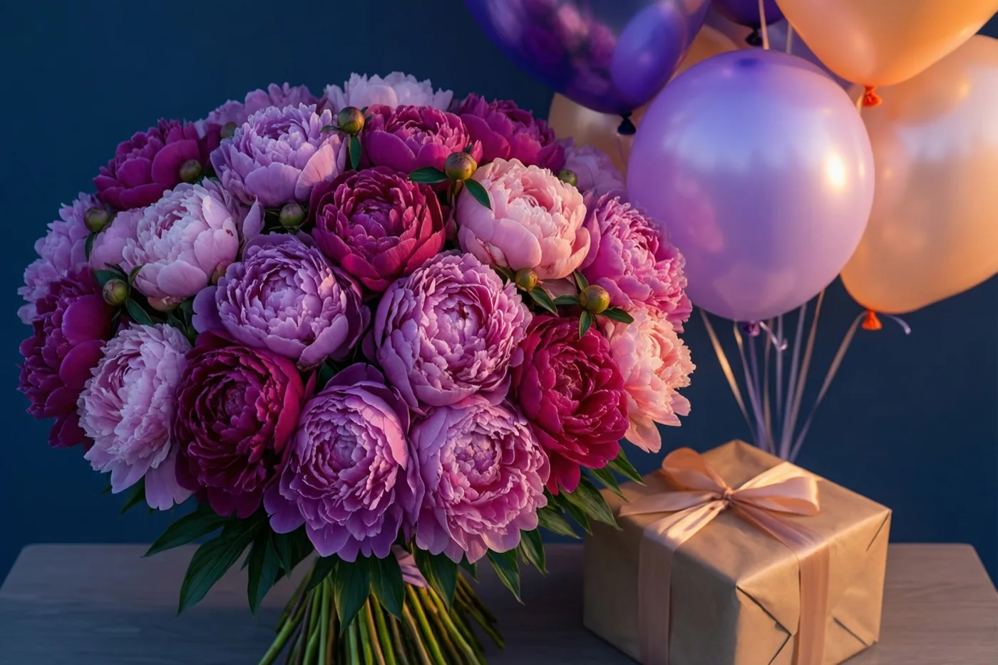 Een groot boeket roze en paarse pioenrozen staat naast een ingepakt cadeau en een tros ballonnen tegen een donkerblauwe achtergrond in warm licht.