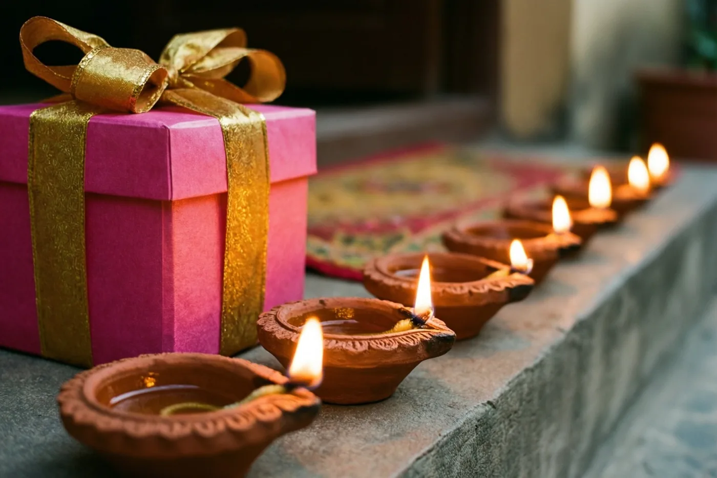 Een roze cadeaudoos met een gouden lint staat op een stenen drempel naast een rij brandende lampjes van klei.