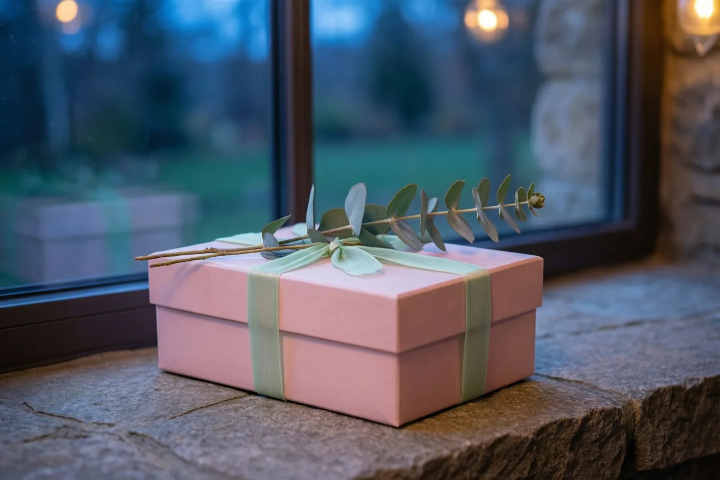 Een lichtroze geschenkdoos met een lichtgroen lint en een takje eucalyptus staat op een ruwe stenen vensterbank, met wazige warme binnenlichten bij het raam op de achtergrond.