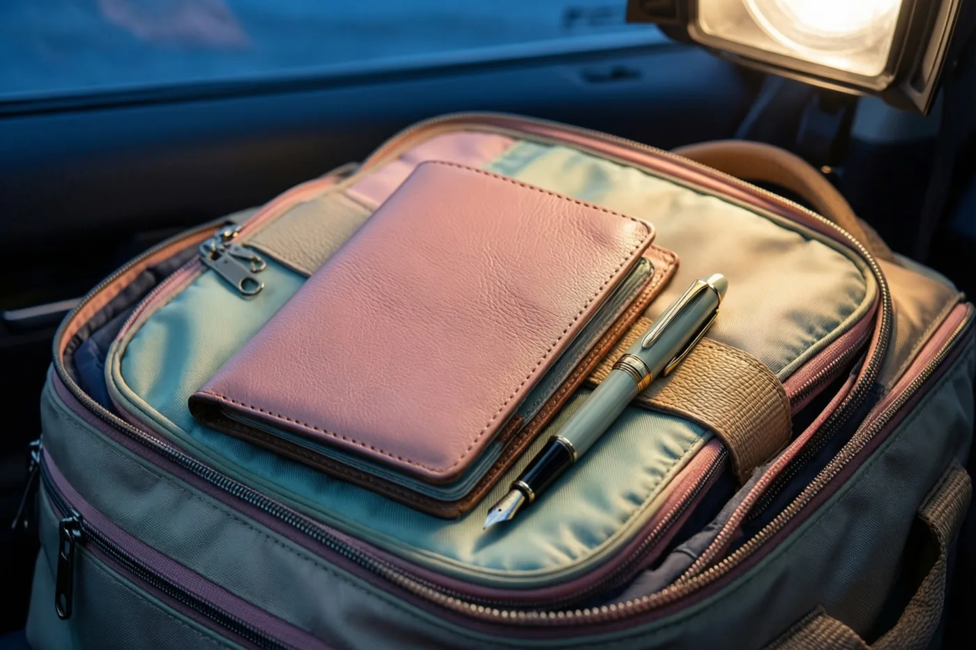Een roze leren paspoorthouder en een zilverkleurige vulpen liggen op een open, veelkleurige reistas in een auto, in het warme licht van een koplamp.
