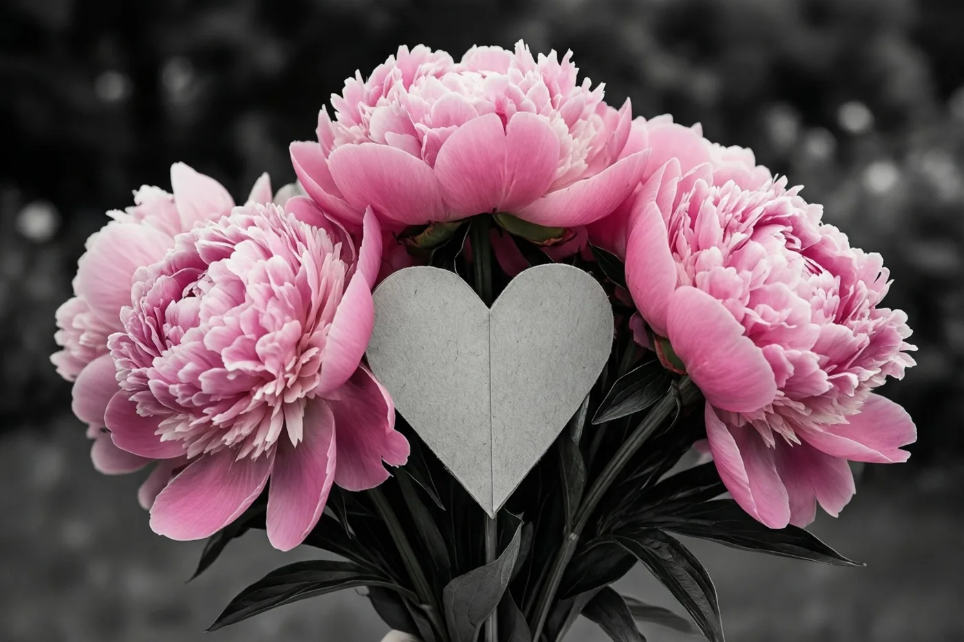 Roze pioenen en een grijs handgemaakt papieren hart tussen de stelen steken af tegen een onscherpe zwart-witte achtergrond.